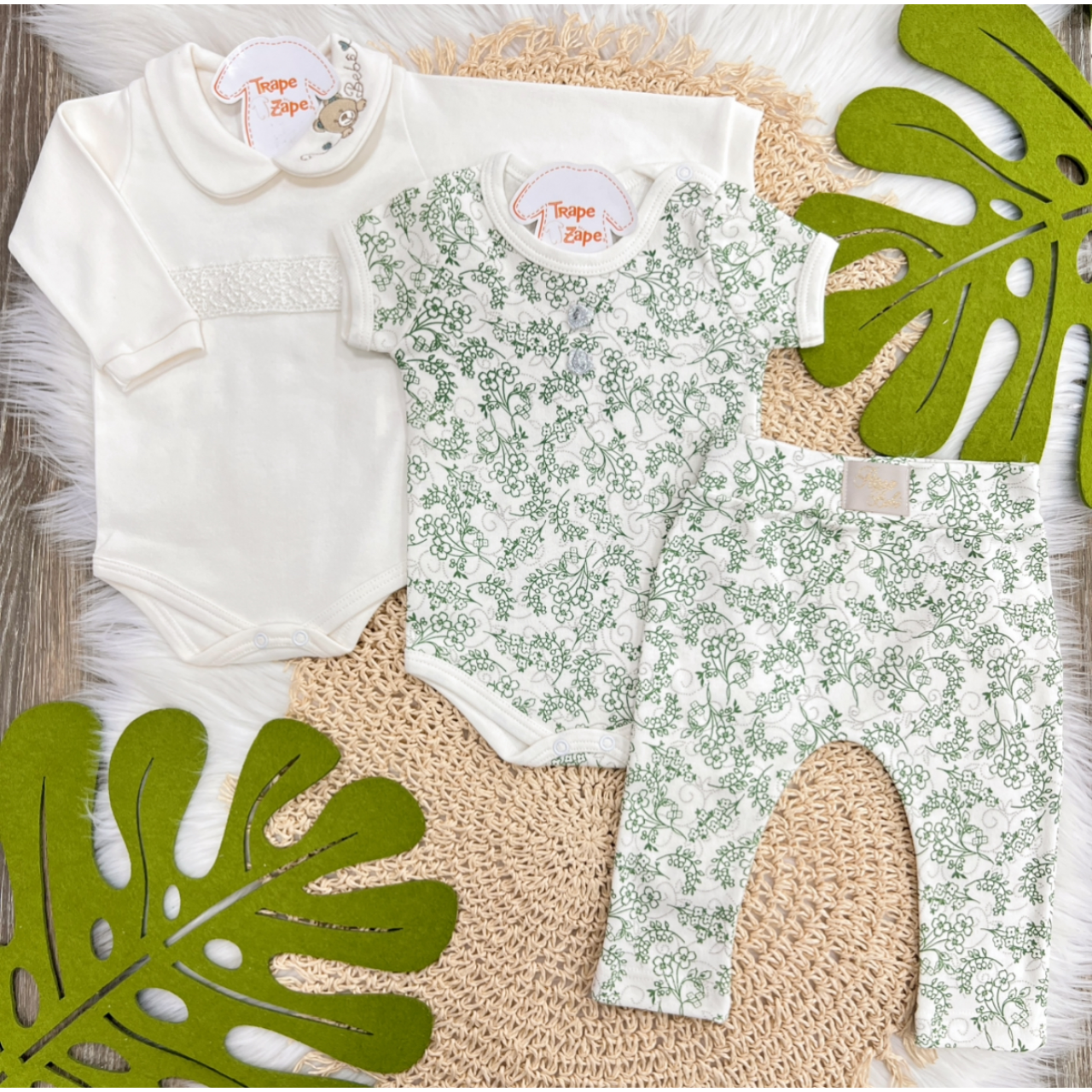 Conj. de Malha 3 peças - Ursa Bebê - Off White e Verde